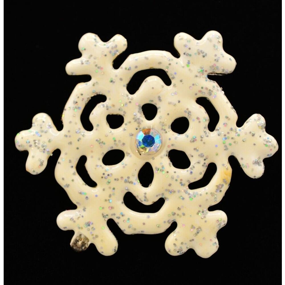 Vintage Snowflake Pin Brooch Glitter Enamel AB Rhinestone Holiday 1980s BinAH